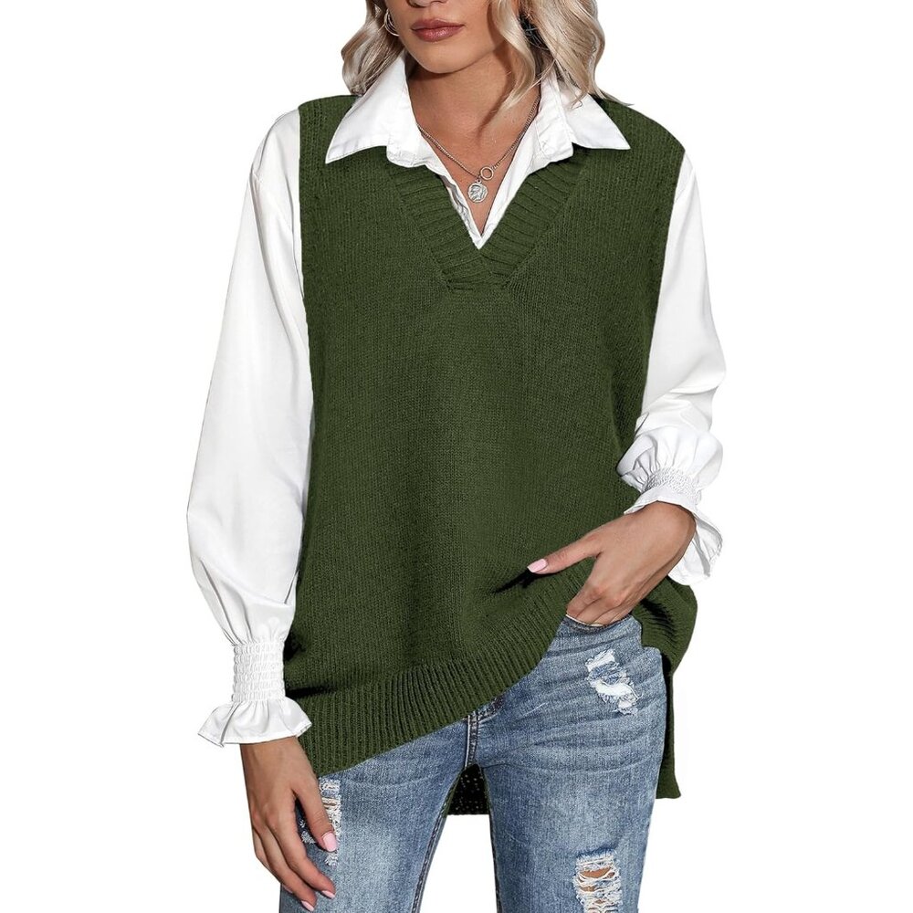 Women Army Green Sweater Vest Sleeveless V Neck Oversized Knitted Pullover Fall